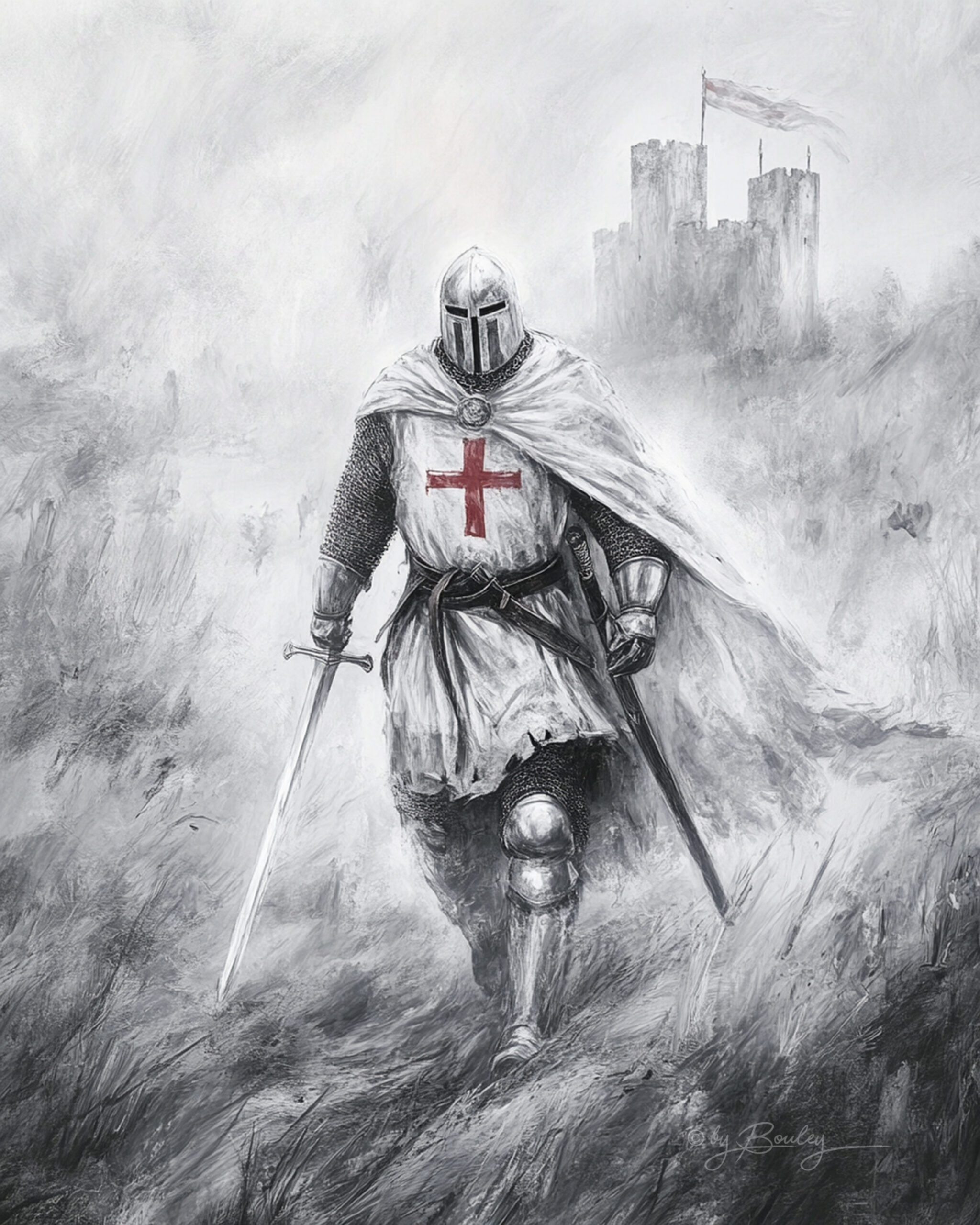 Knight templar, ultra realistic, wallpaper, black and white, red cross, landscape --ar 4:5 --p arnjxnk --v 6. 1