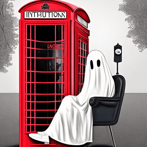 A surreal scene featuring a person dressed as a ghost with a white sheet, wearing black sunglasses and sneakers. The ghost is sitting inside a vintage red phone booth with the word 'intuición' written at the top. The phone booth is placed outdoors, surrounded by natural elements like bushes and trees. The ghost figure is holding a black phone as if having a conversation. The overall atmosphere is mysterious and quirky, with soft natural lighting and muted colors.