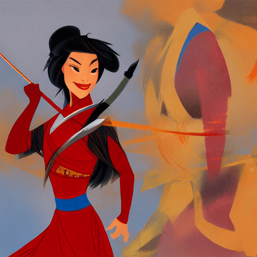 A picture of a fearless warrior holding a sword, disney mulan reference, fierce and determined smile, dressed in vibrant red dress, half body::4, strong and courageous demeanor, and powerful appearance, digital art style, art by martin ansin, dynamic and intense soft focus portrait, piercing eyes and flowing hair, front view::, 16k, ultra hd --ar 9:16 --q 2 --niji 5