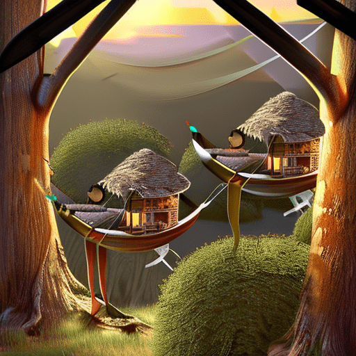 Valley, fairytale treehouse village covered, hammocks, debris, trash, matte painting, highly detailed, dynamic lighting, cinematic, realism, realistic, photo real, sunset, detailed, high contrast, denoised, centered, michael whelan