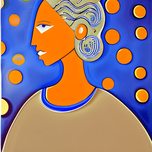 A stylized portrait of a woman with a calm expression, her face slightly turned to the right. She has blue skin with intricate line patterns, wavy neutral-toned hair, and slightly parted lips. The background is a blue field with abstract orange dots, complementing the design.