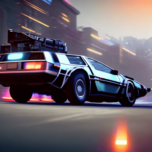 Delorean from 'back to the future' at top speed, cinematic shot. Motion blur and glowing effects emphasize speed. Hyper-realistic, 8k detail, created with unreal engine. Text 'back to the future' integrated in a matching cinematic style.