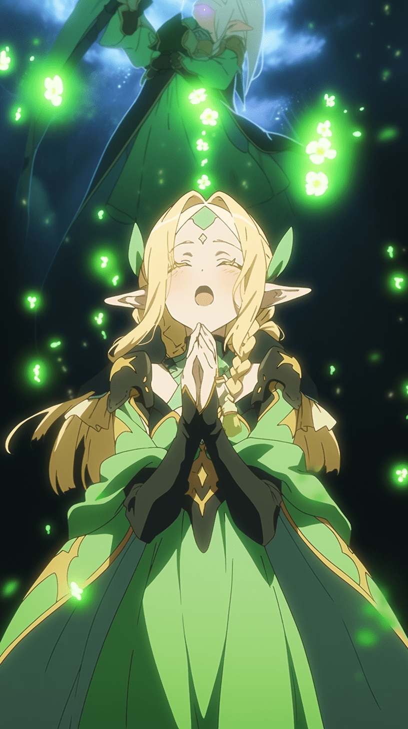 A member of the anime sao. Heroic party. An elf healer dressed in green. She is in a dark room trying to defeat her enemies. She is chanting and heals the party's allies. --niji 5 --ar 9:16