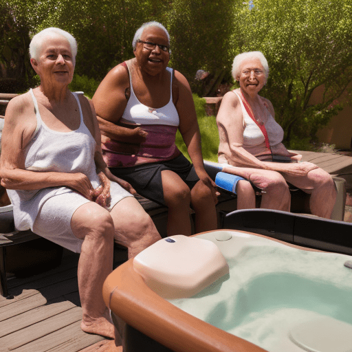 Disabled women and queers and of different ethnicities enjoying a spa outdoors in arizona with massage and accessible hot springs. Some are young and some are older. There is a dramatic arizona landscape in the background.