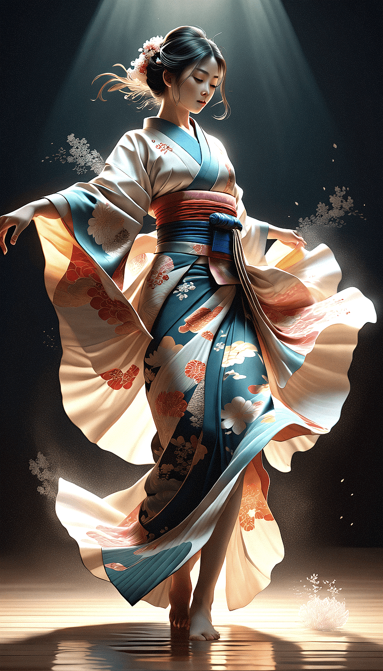 Digital painting of a beautiful young japanese woman, dancing, kimono is crafted with waves and layers of fabric, creating a sense of movement and depth, fall season, by (random: famous japanese artists) , artstation, 8k, extremely detailed, ornate, cinematic lighting, rim lighting,