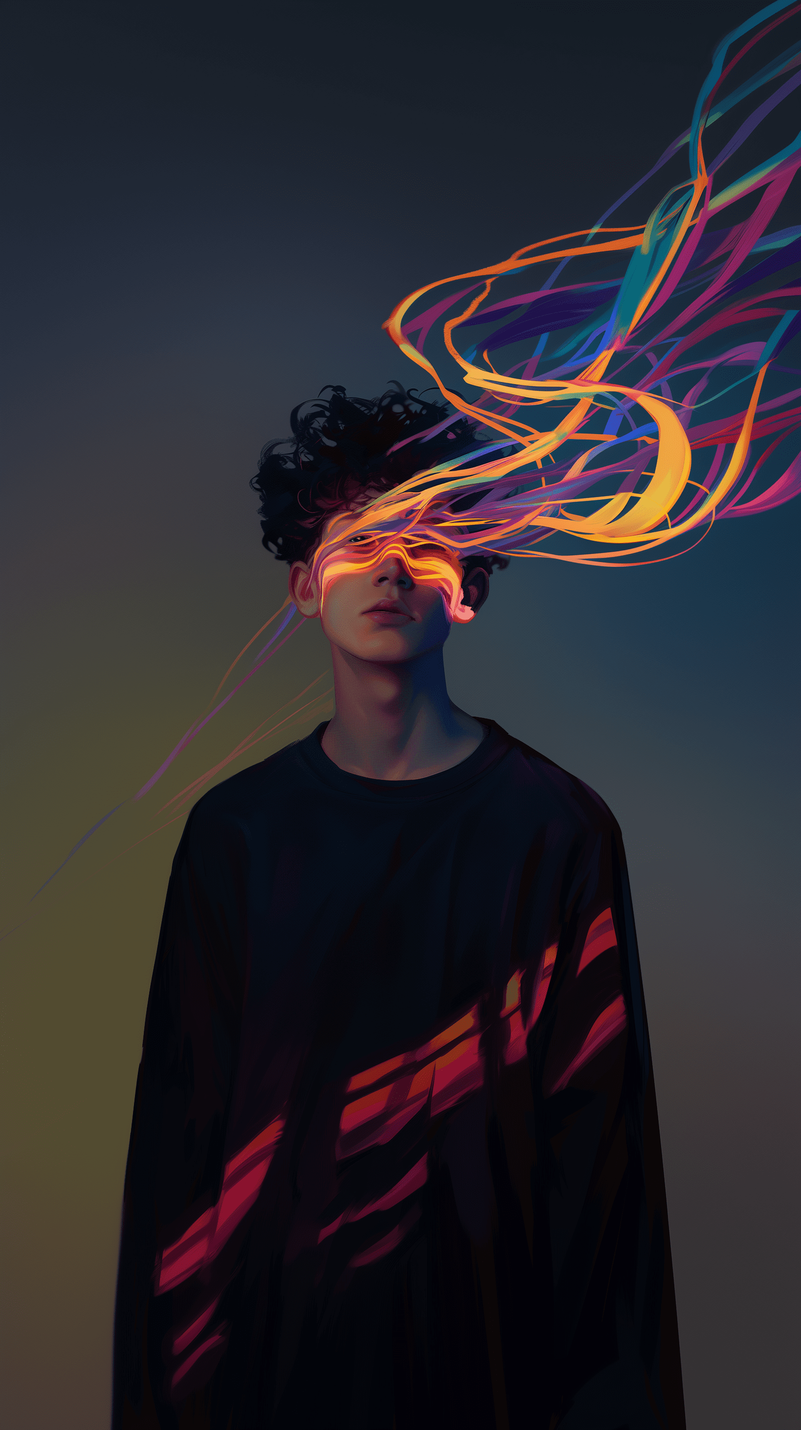 Contemporary digital art, portrait of a youthful male figure, digital illustration, flat color, straight-on view, focus on the upper body and face, casual dark shirt, depicted with a whirl of abstract, neon-colored, flowing from the head area, symbolizing movement or creativity, simplistic with a plain, dark background to enhance subject visibility, brightly colored with contrasting shadows to emphasize the colorful streaks, minimal facial features with an emphasis on the abstract design, high saturation, sharp contrast between the subject and background --ar 9:16 --style raw --stylize 50 --niji 6