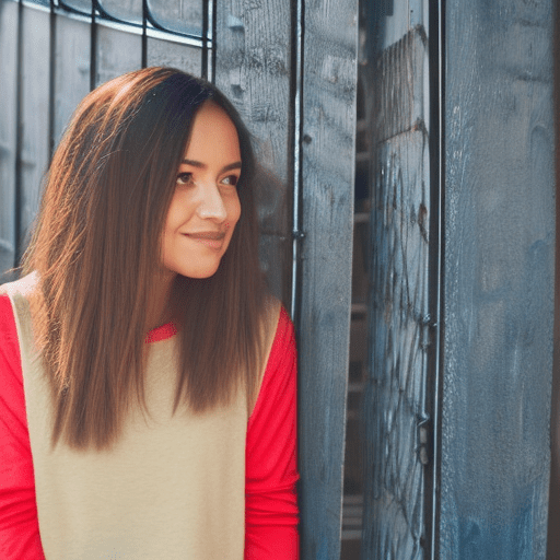 A waist-up portrait of a young beautiful of mixed-races girl, , soft natural skin, medium bob hairstyle, brunette with blonde highlights, red shirt black jeans, outdoor settings