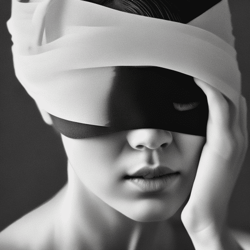 A fine art cinematic photography portrait of a women, blindfolded with a brushstroke, face straight to the camera, very minimalistic artistic approach, slick hair, clean look --ar 4:5 --s 550