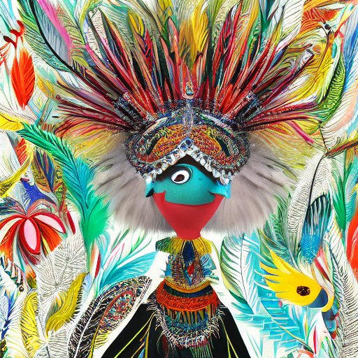 A bird with vibrant feathers, in a feathered headpiece, with sparkling eyes and a mischievous expression, tribal helmet, intricate decorations, created by animation studio, quentin blake, wearing a lightweight armor made of feathers, dancing in a mystical forest, surrounded by enchanting trees, nature background --v 5. 1 --style raw --ar 9:16