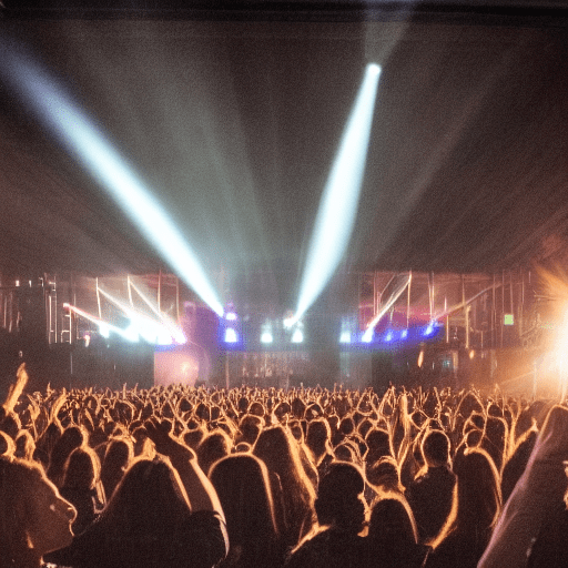 Image of a music show with a crowd in front of the stage very happy emotional dancing bright lights in the night