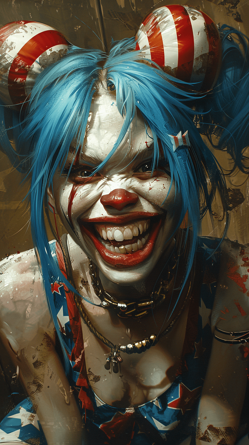 A female jester with blue hair, wearing with american flag patterns, laughing heartily while showing off sharp white teeth, in the style of james jean --ar 14:25 --s 250 --v 6. 0 --style raw