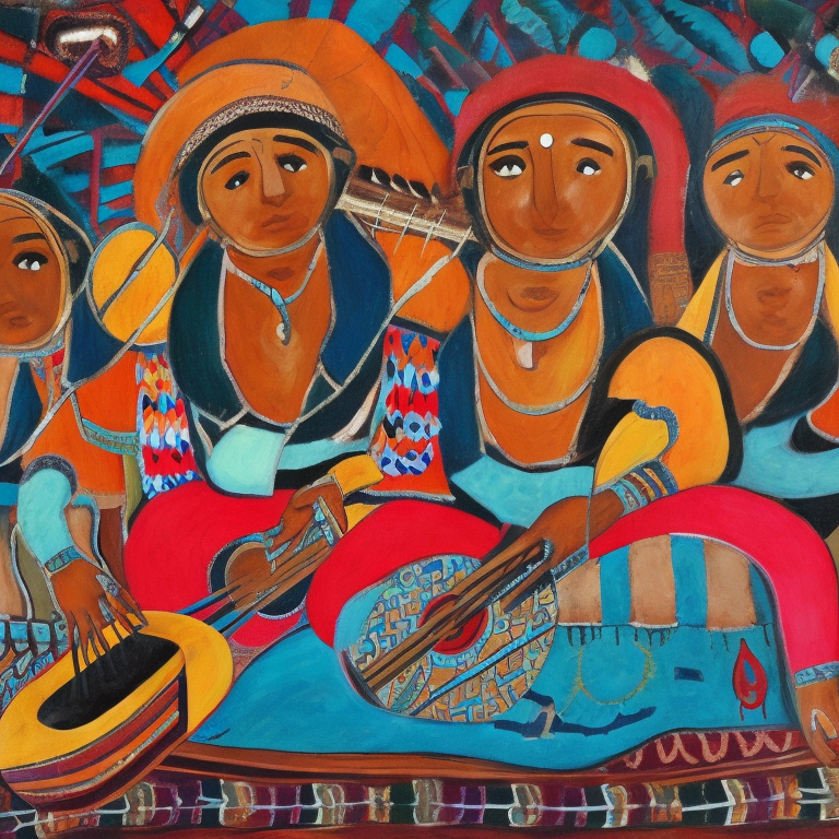 An enormous mixed ==baroque== artwork that features gnawa musicians with abstract faces in trance, centrally positioned on a large boat. Ensure that the boat is the focal point of the composition, with the musicians evenly spaced around it to maintain balance. Enhance the visual impact and echoing the intricate rhythms of their traditional moroccan instruments. The overall composition should draw the viewer's eye to the center, emphasizing the musicians' dynamic energy and the boat's grandeur. Make sure to start with drawing faces first. The, draw the clothing. Finally produce the elements.