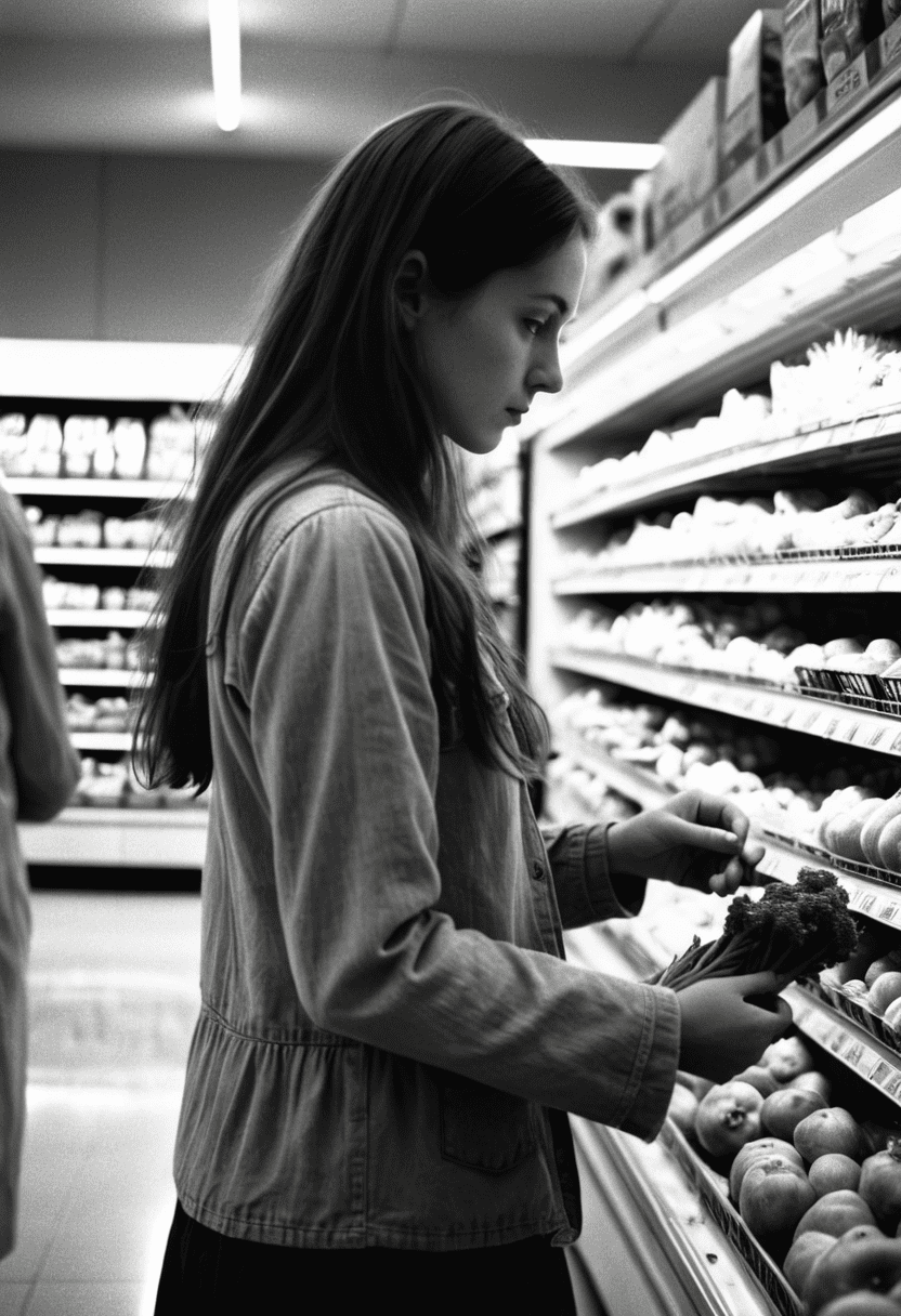 This is a candid, black and white analog film photograph, from the side, of a woman with long hair shopping in a grocery store. She is in looking at produce. The store is well lit. Casting shadow style, iso 200 faded film, 35mm photo, grainy, vignette, vintage, kodachrome, lomography, stained, highly detailed, found footage