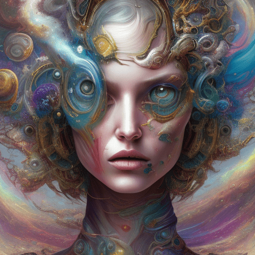 A surreal picture with a woman's head in it, in the style of swirling colors, aleksi briclot, cosmic landscape, peter mohrbacher, intensely colorful figuration, realistic hyper-detail, splattered/dripped, ansiety background black--ar 63:128 --stylize 750 --v 6