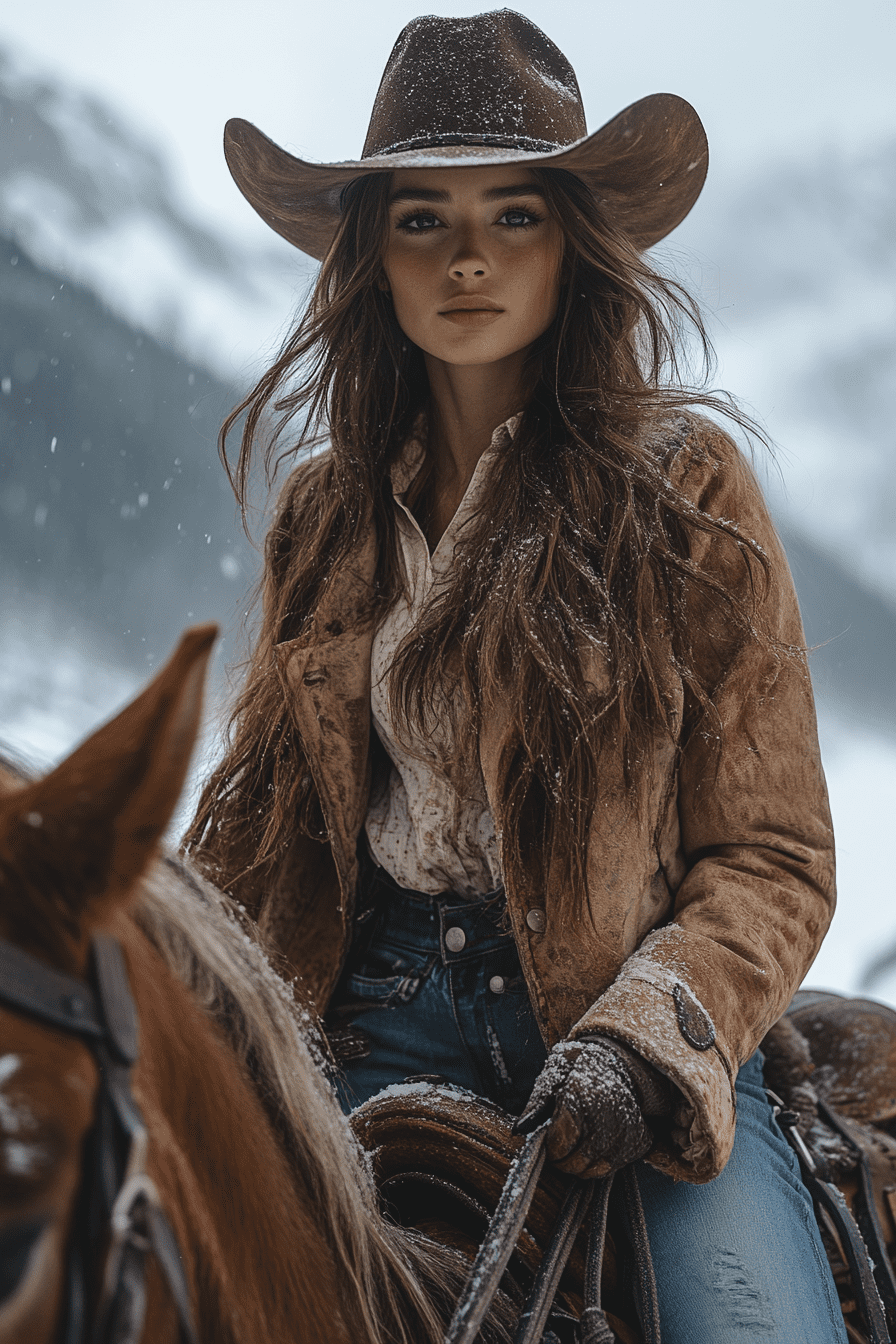 Tall brunette riding a horse in front of epic snow-capped rocky mountains. She is gorgeous, wearing a cowboy hat and jeans, perfect lighting, 4k photograph --ar 2:3 --stylize 750 --v 6. 1