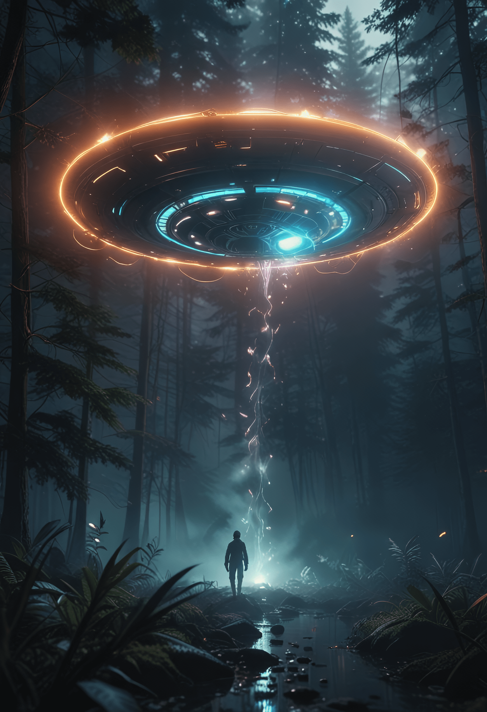 Ufo in forest, dynamic, mystique lights, smoke, abanoned place , glowing , colourful, laserlight