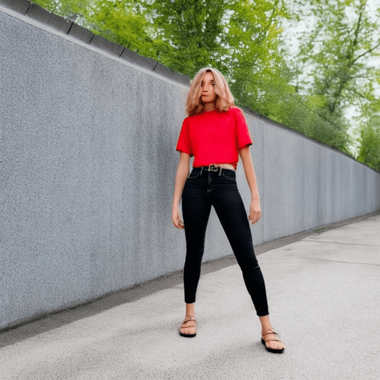 A waist-up portrait of a young beautiful of mixed-races woman, 21 years old, swedish, soft natural skin, medium bob hairstyle, blonde highlights, red shirt black jeans, outdoor settings, realistic