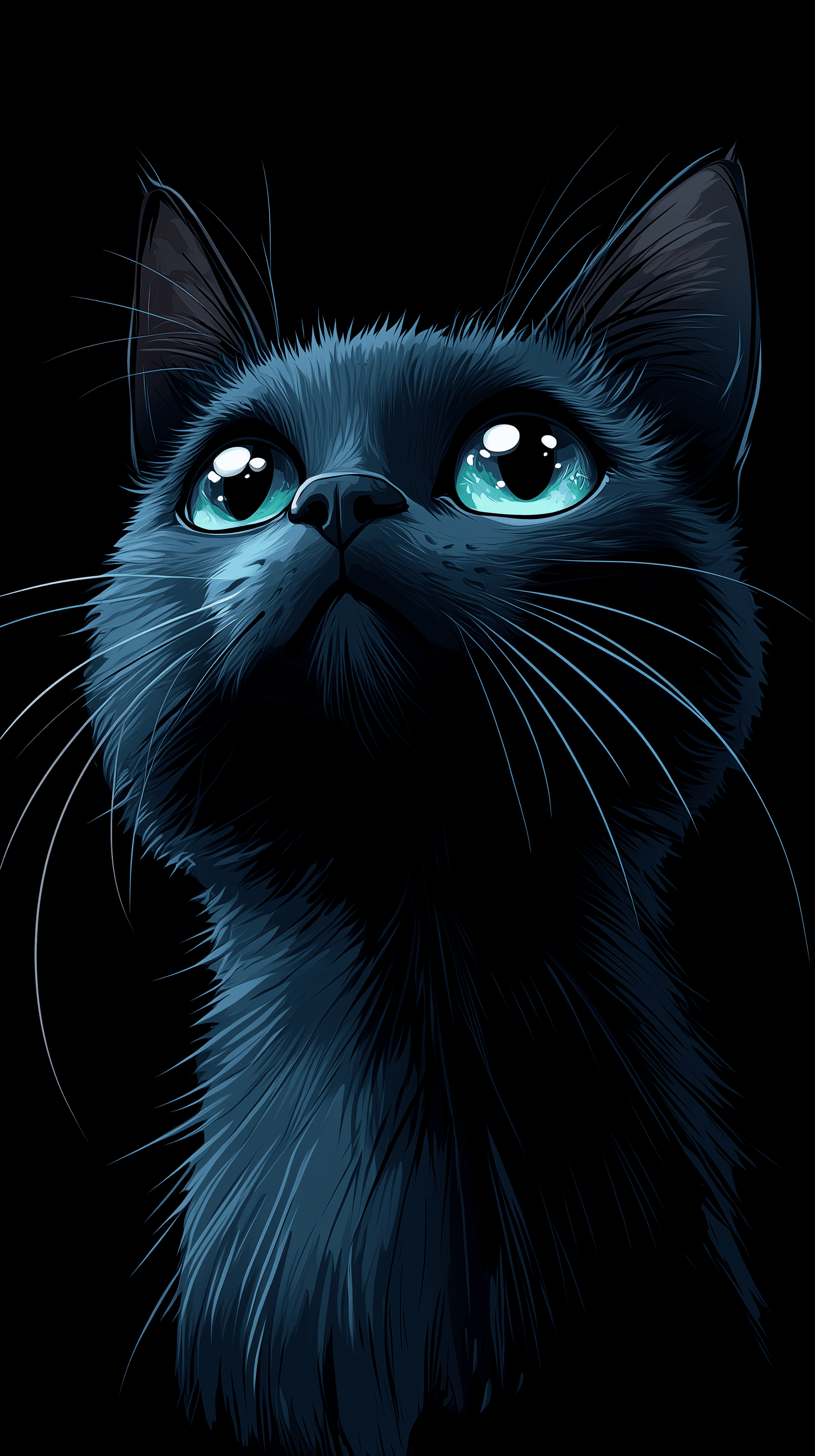 Cartoon, dollish cute russian blue cat face, emerald green eye, simplify, expressive eyes and a playful demeanor, thick outlines, rounded features and a youthful appearance, solid black background, cat's fur should be rich soft blue, slight smile and whiskers to enhance --ar 9:16 --style raw --stylize 500 --v 6. 1
