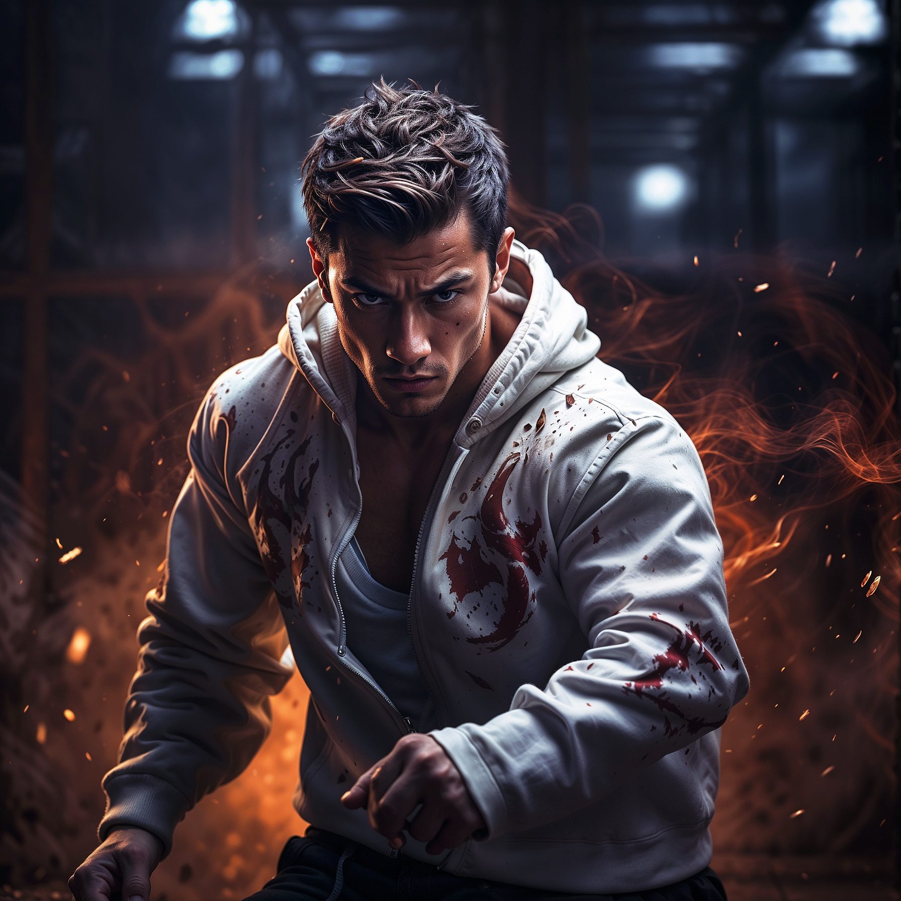 Create a painting-style illustration of a muscular young man with short brown hair, a tough and intense gaze, and strong, calloused hands, wearing a white dragon hoodie. He appears as a seasoned fighter, with scars and marks from battle on his face and body. Capture him in a dynamic, epic action pose, emphasizing sweat, speed, and blur effects to convey the intensity of a fierce battle. The background should be a dark boxing club, enhancing the dramatic atmosphere. Render the scene in the style of prokoko, focusing on bold, expressive brushstrokes and vivid colors. Use the carnagestyle modifier with blood_red as the color and an intensity of 1. 6. The lighting should be cinematic, with a dynamic angle and extreme details to highlight the action and emotion of the moment
