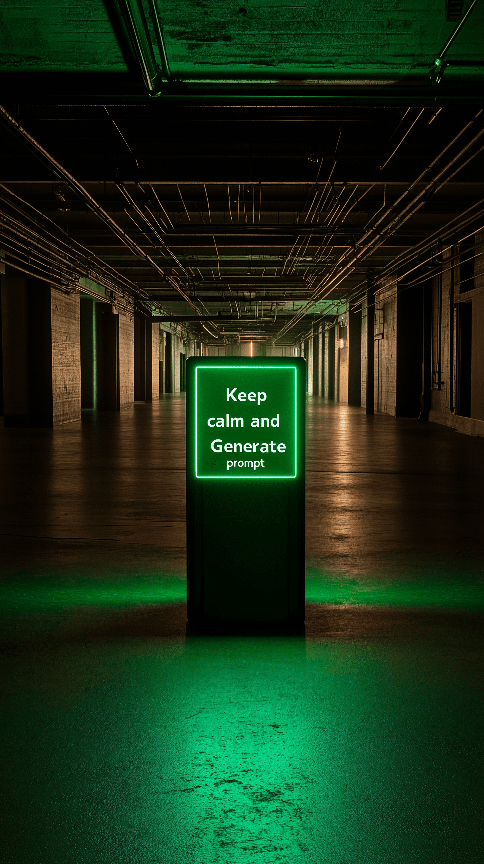 Green light box with the words "keep calm and generate prompt" written on it, in an empty dark room, in the style of john pawson --ar 9:16 --style raw --v 6. 1