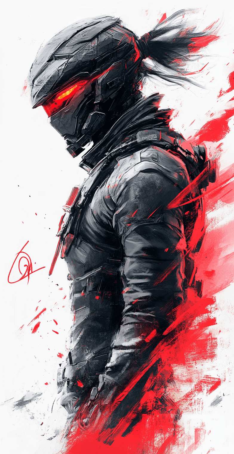Female cyborg, dark background, dark souls style, full body shot, anime, fire in eyes, metal gear solid vibes, black and red color scheme, in the style of yoji shinkawa and dominik mayer, energy-filled illustrations, dynamic brushstrokes, storybook illustration --ar 33:64 --personalize 2gwf1qc --stylize 750 --v 6. 1