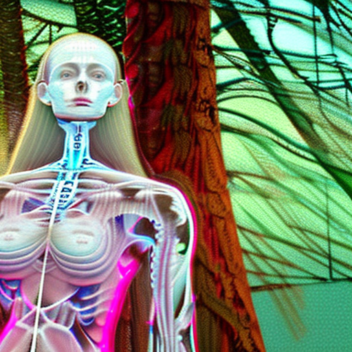 Full body shot of an albino woman with transparent skin, glowing pink neon skeleton visible through the translucent dress in dark woods at night by james jean and hajime sorayama, soft misty light --ar 4:5 --v 6. 0