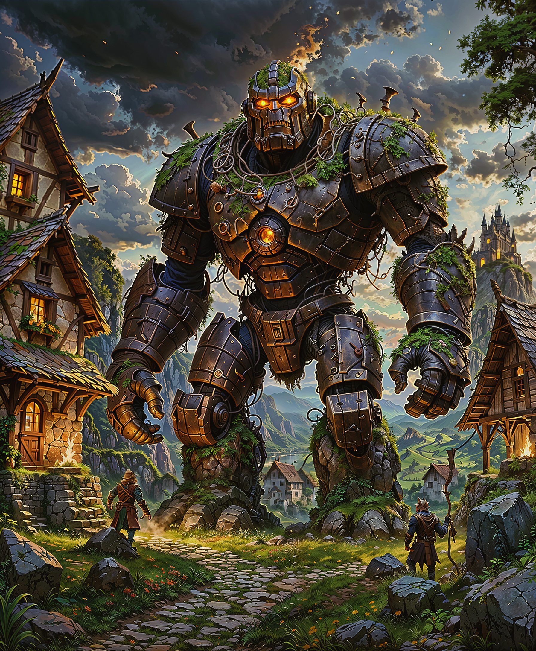 An ancient stone golem towers over a small village, its cracked surface covered in moss and tangled vines as it slowly awakens from centuries of slumber. The villagers, armed with torches and farming tools, gather in a mix of awe and fear, their faces illuminated by the flickering firelight. The colossus's massive form moves with a grinding sound, its eyes glowing faintly as dark clouds gather ominously in the sky. The scene is a dramatic blend of majesty and terror, with the tension thick in the air, as if nature itself is holding its breath.