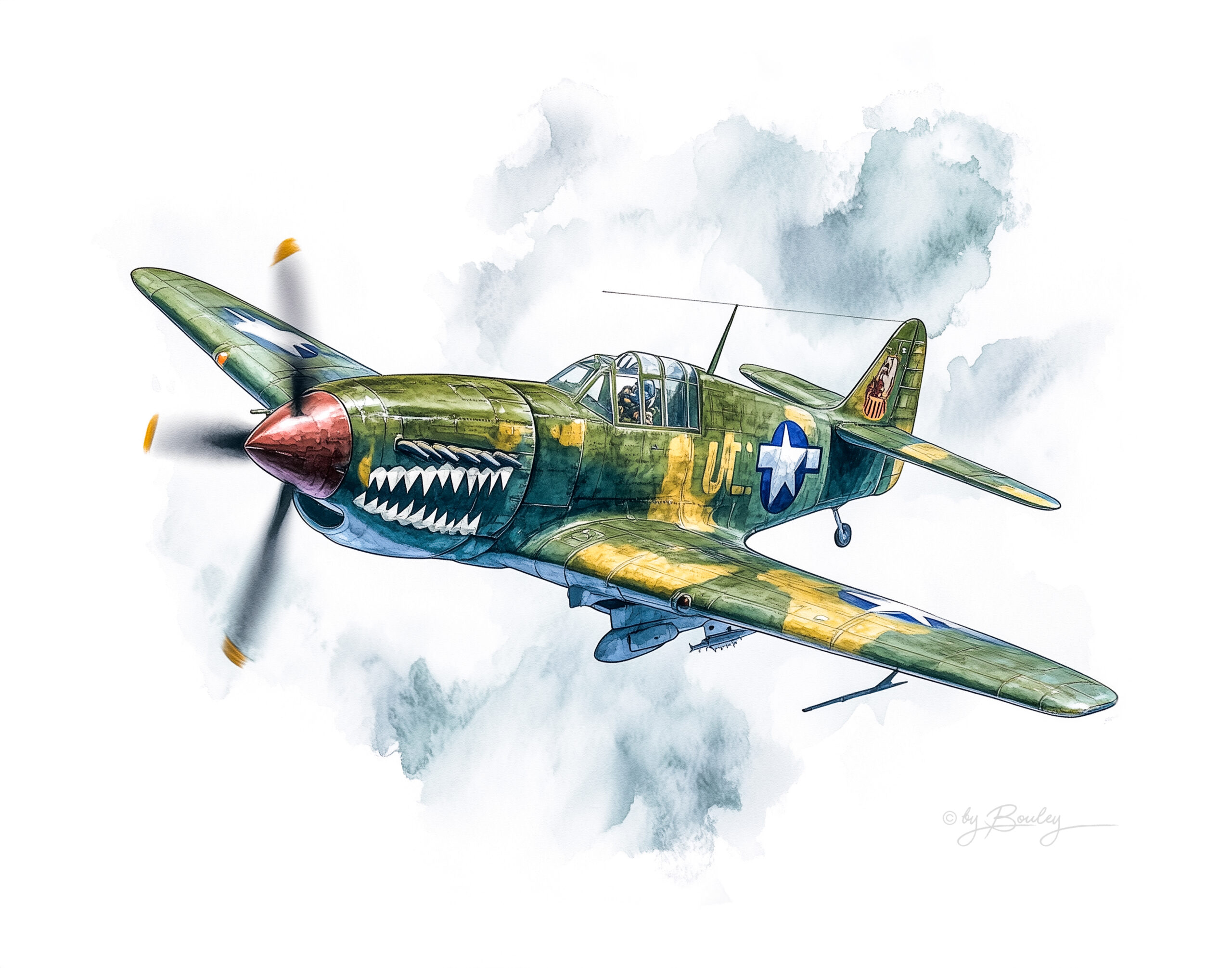 A p-40 flying tiger, watercolor artwork, world war ii action, on the side and a shark teeth design, flying in an overcast sky. The plane is wearing a camouflage paint scheme that has u. S. Army symbols on it. --ar 14:11 --v 6. 1