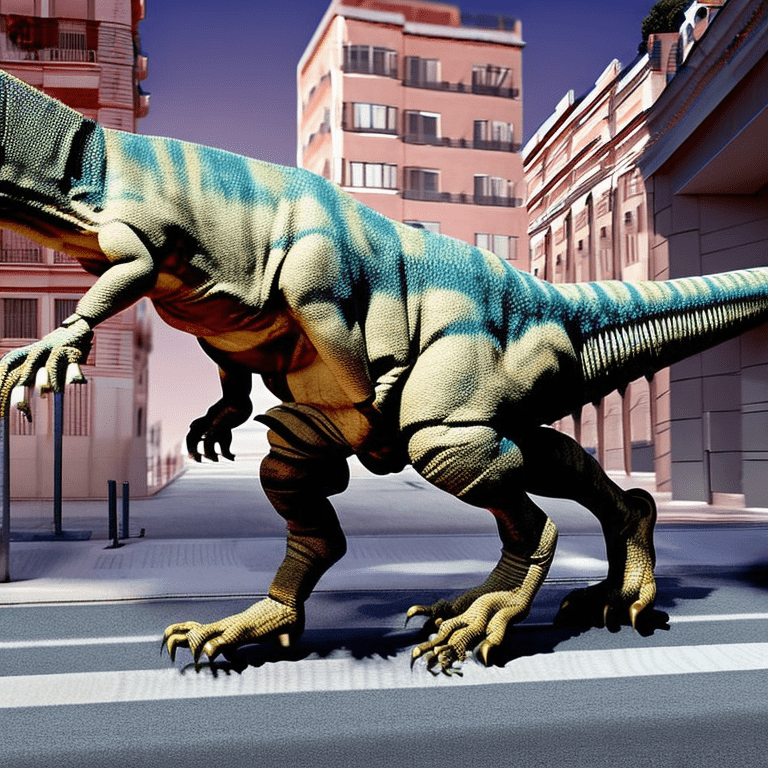 Generate for me a very realistic image of a tyrannosaurus rex of colossal dimensions walking over the city of madrid, coming towards us and holding in its front hands a sign that says: "pedro sánchez, voy a por ti"