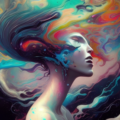 A surreal picture with a woman's head ansiety in it, in the style of swirling colors, aleksi briclot, cosmic landscape, peter mohrbacher, intensely colorful figuration, realistic hyper-detail, splattered/dripped, background black--ar 63:128 --stylize 750 --v 6