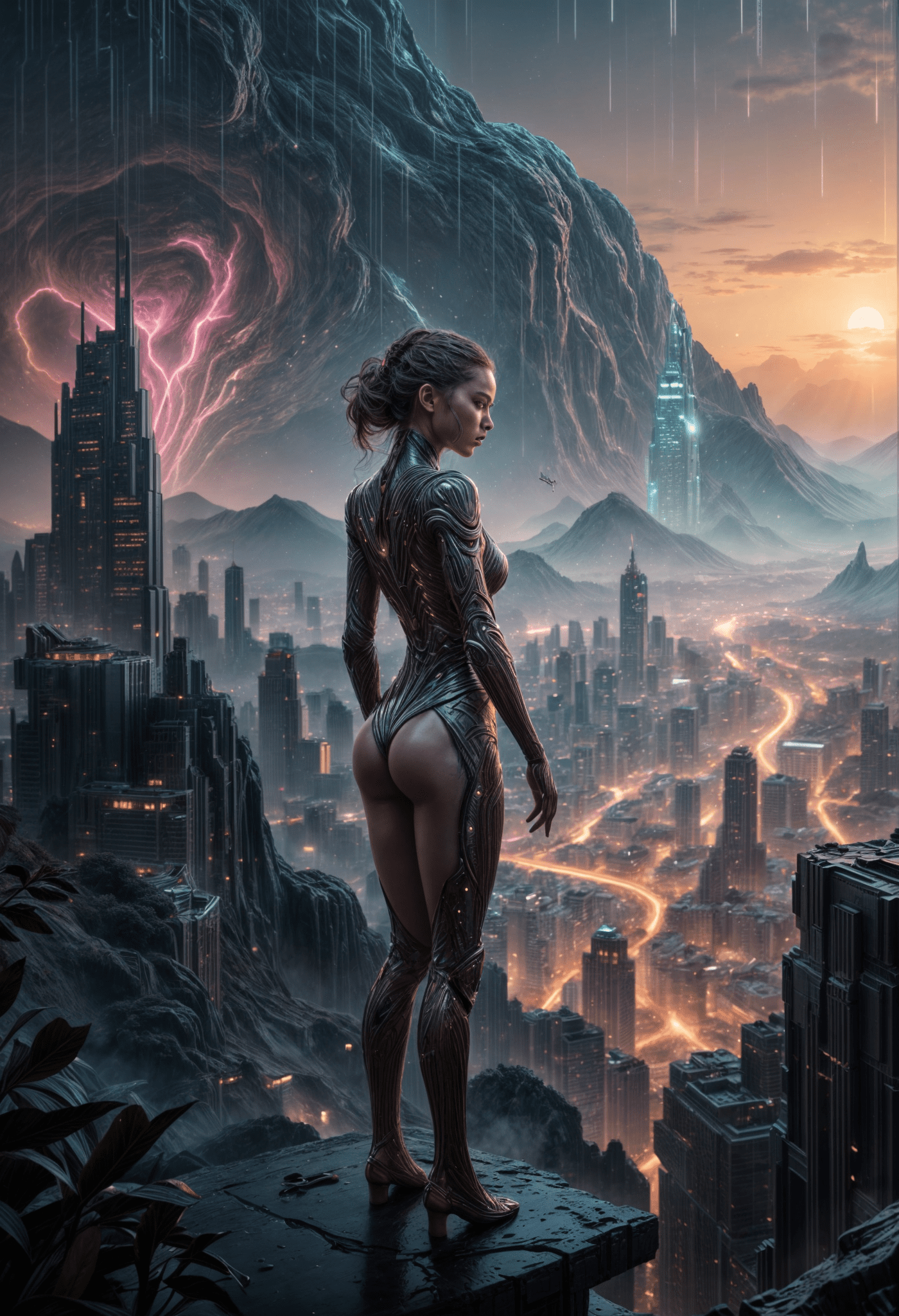 A futuristic cityscape with a woman in a sleek, robotic suit standing on a cliff overlooking the city.