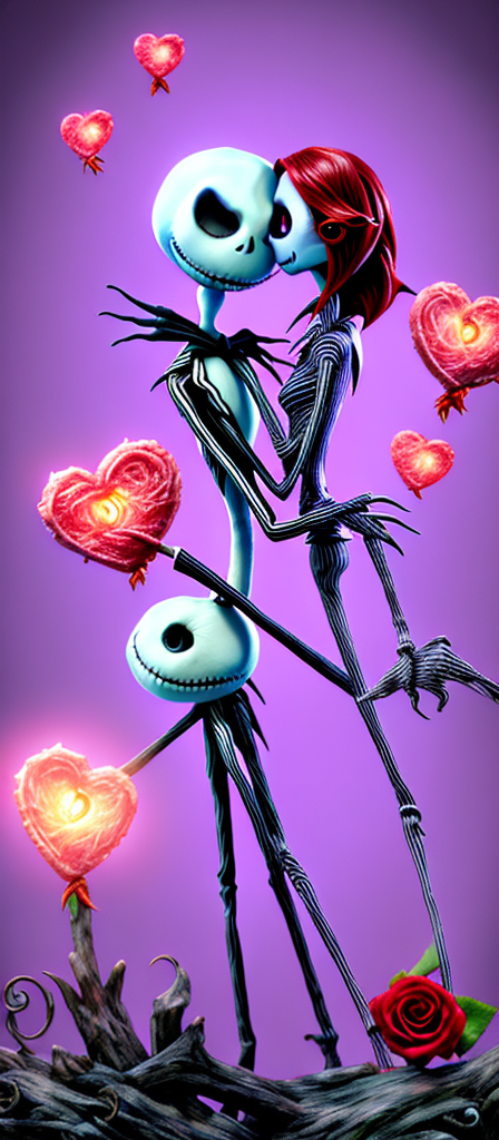 The nightmare before valentines day, jack skellington and sally showing affection, glowing hearts, a valentine love fest, roses, hearts, night sky in the background, style of tim burton, stop motion animation, depth of field, cinematic composition, digital art in the style of loish and greg rutkowski, trending on pixiv fanbox, popcore anime art style, vibrant colors, vivid, glowing