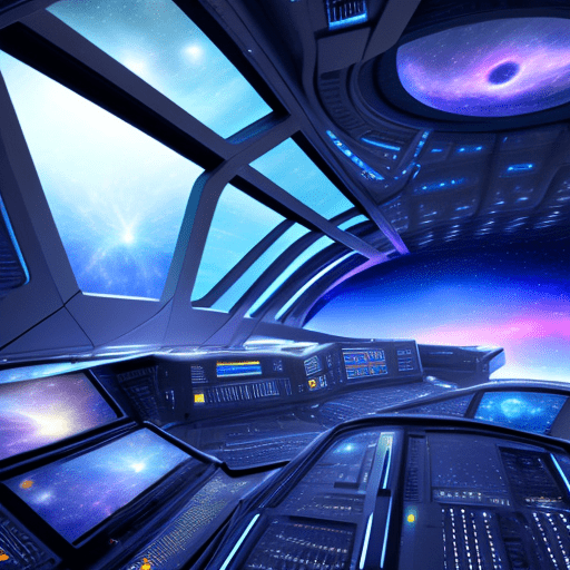 Hyper realistic hd photo of the inside of an alien spaceship bridge with high tech consoles with aliens working on them. Nebula and planet visible through large window. Drametic lighting