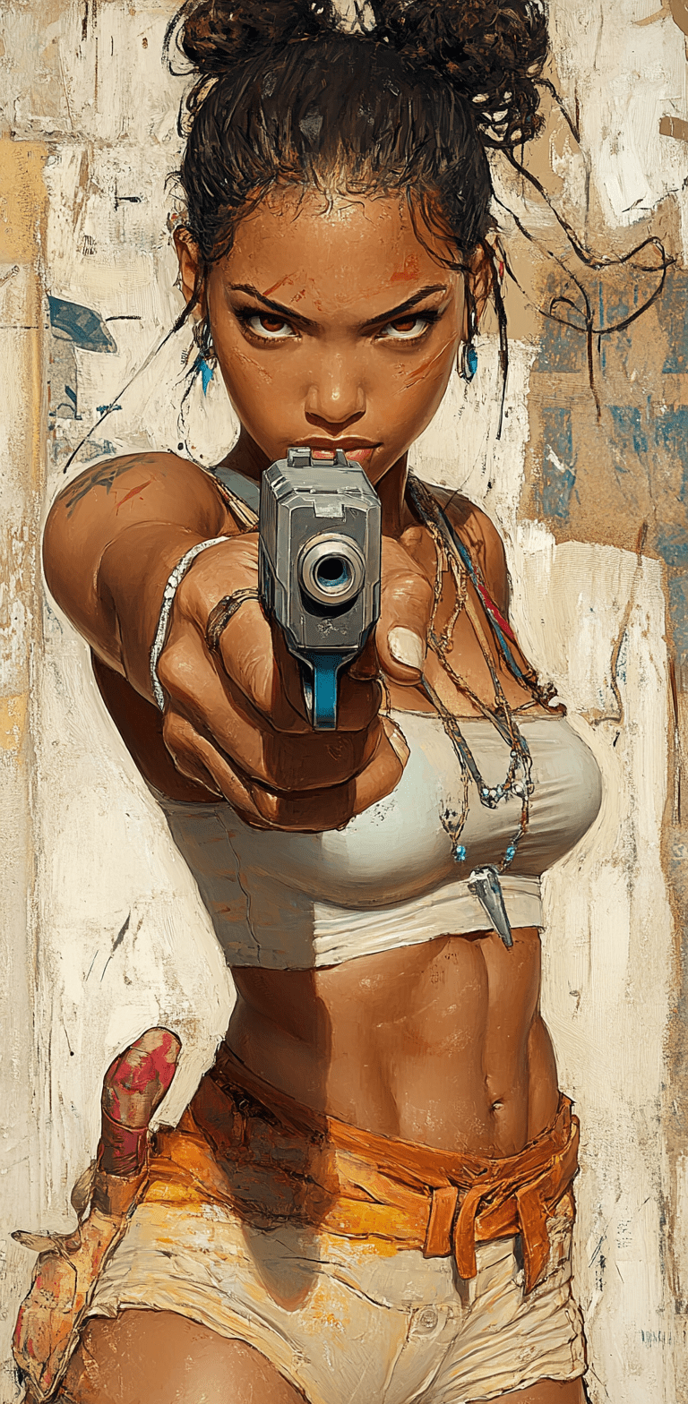 An image of an animation character holding a gun, in the style of womancore, comic art, realistic oil paintings, xbox 360 graphics, exotic realism, white and brown, bold manga lines --ar 63:128 --personalize 2gwf1qc --stylize 750 --v 6. 1