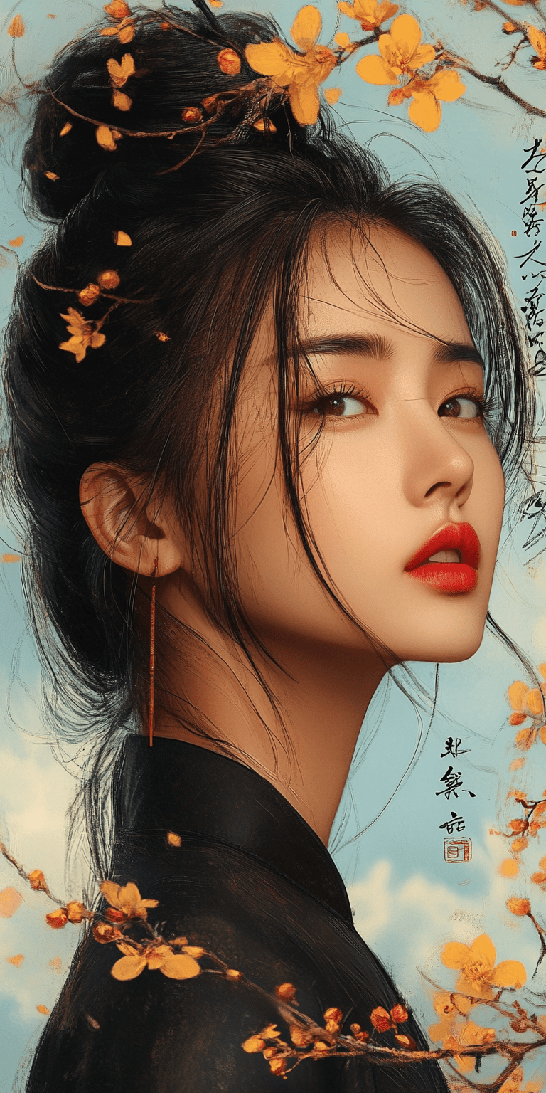 A beautiful asian woman with her hair tied into an elegant low bun, featuring red lipstick and delicate facial features, light skin tone and is adorned in black attire, surrounded by yellow flowers against the backdrop of sky blue clouds, hand-drawn elements, with soft colors and a touch of whimsy, focusing on the face, in the style of an asian artist. --ar 1:2 --personalize 2gwf1qc --stylize 750 --v 6. 1