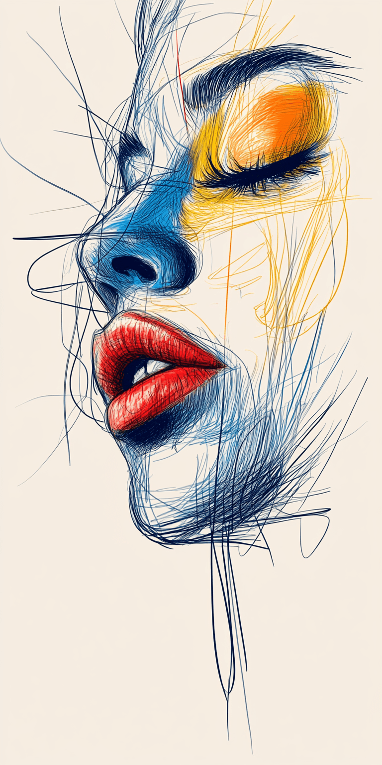 A drawing of a woman's face with a red eyeshadow, in the style of bold colorful lines, dark beige and orange, made of wire, flawless line work, captivating portraits, raw and edgy --chaos 30 --ar 1:2 --personalize 2gwf1qc --stylize 750 --v 6. 1