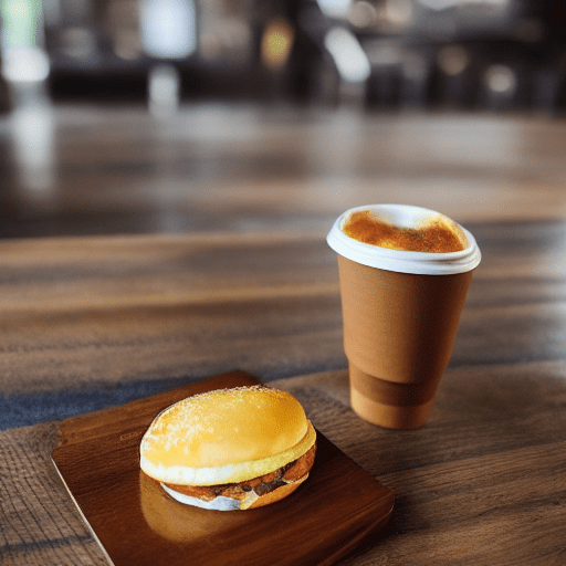 A photo of a wooden table with a breakfast sandwich, wrapped in yellow paper, and a cup of coffee with a yellow lid. The sandwich is on the left side of the table and the cup is on the right. The table is made of wood and has a grain pattern. The background is blurry and out of focus. The image is taken from a high