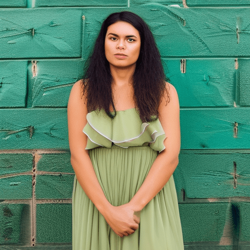Lady with light olive skin in the style of natural timeless beauty, she is wearing a flowing summer dress, flowing black hair, and vibrant emerald eyes,
