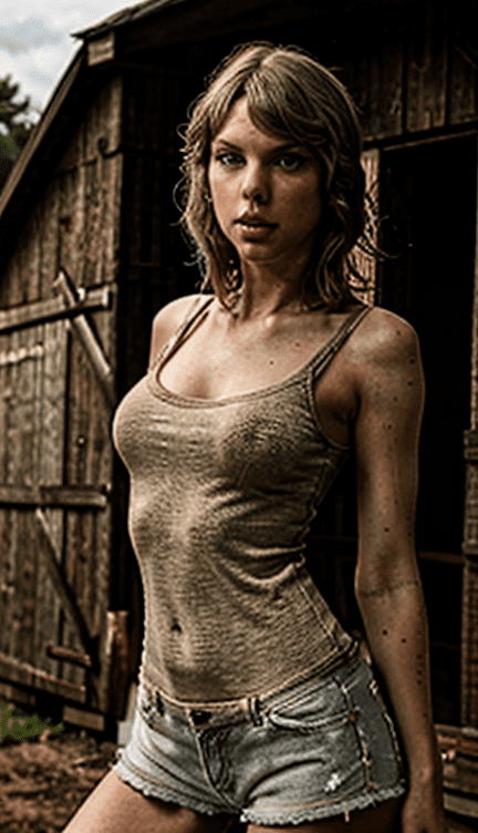 (t4yl0rsw1tft_hm-123) adult female , she standing next to a barn house country style, photorealistic, realistic, post-processing, max detail, realistic shadows, roughness, natural skin texture, real life, ultra realistic, photorealism, photography, 8k uhd, photography, hdr, intricate, elegant, highly detailed, sharp focus