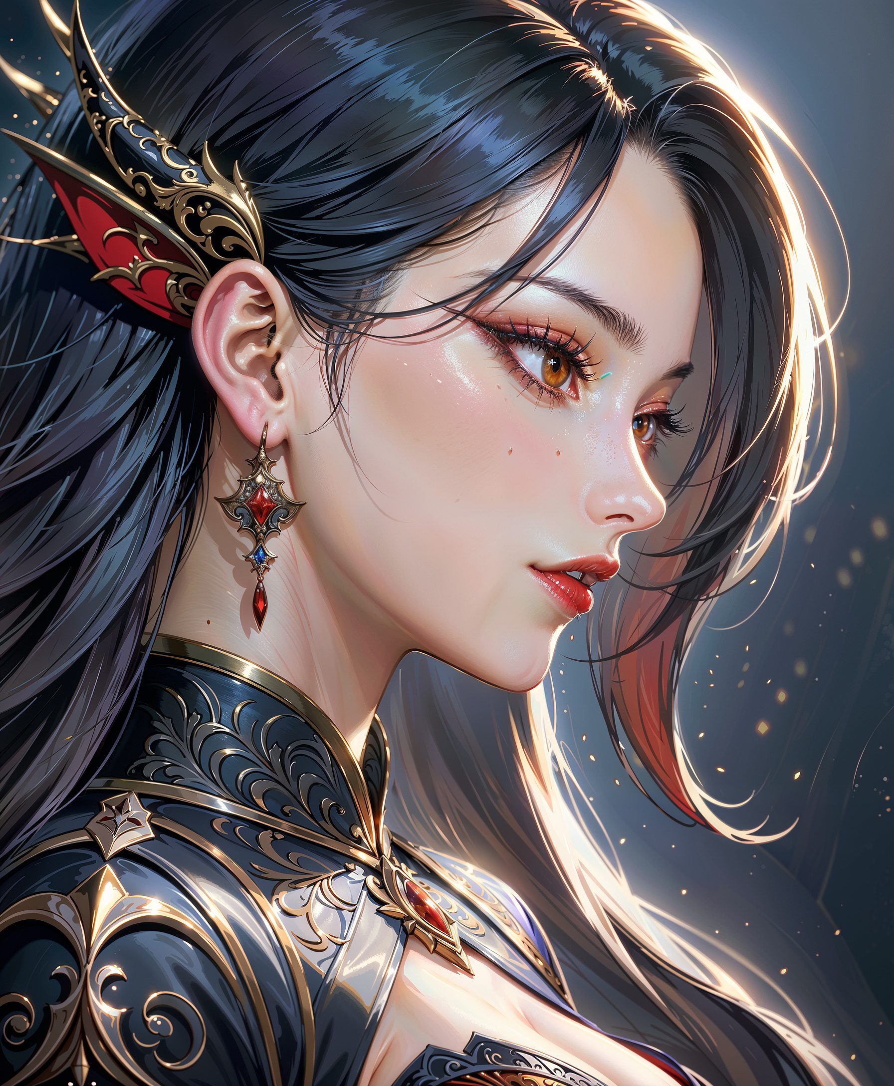 A masterpiece in high detail, featuring a close-up portrait of a stunning oriental vampire woman. She has long black hair with a white streak, dark eyeshadow, and red lips. Her mouth is slightly open, revealing fangs. The style is influenced by arsmjstyle and dnddarkestfantasy, with chiaroscuro lighting creating dramatic contrasts. The woman’s gaze is direct and seductive, set against a dark background. The image is in the highest definition (hd32k) , designed as wallpaper with hyperdetailed concept art in an extreme close-up, showcasing a side profile.