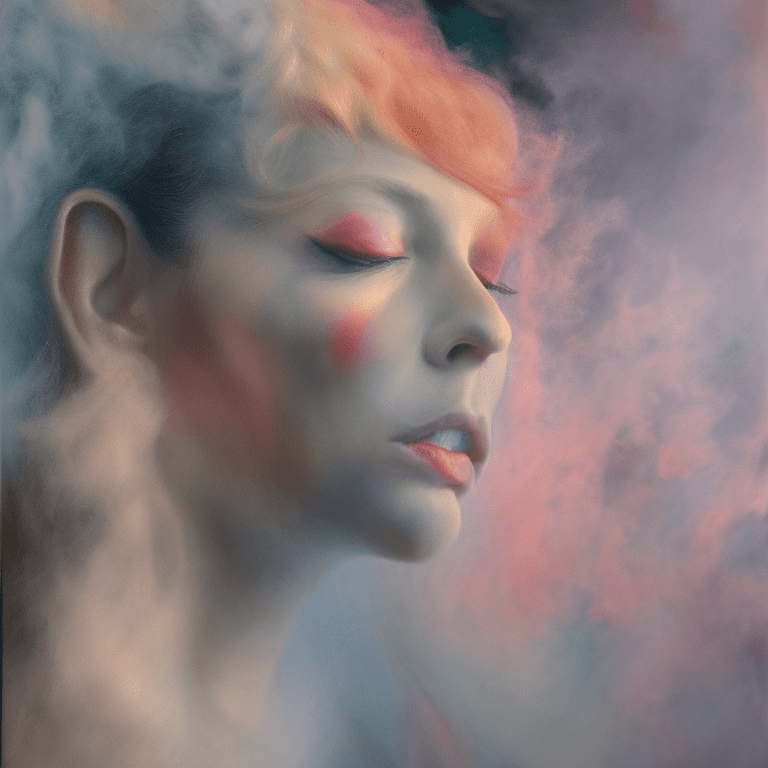 Portrait of a woman covered in cloud of smoke, whirlwind, coral highlight colors, coral make-up, hints of pastel, misty, seductive, sultry, breathtaking, oil painting style, artistic, aesthetic modern art, hyper-realism