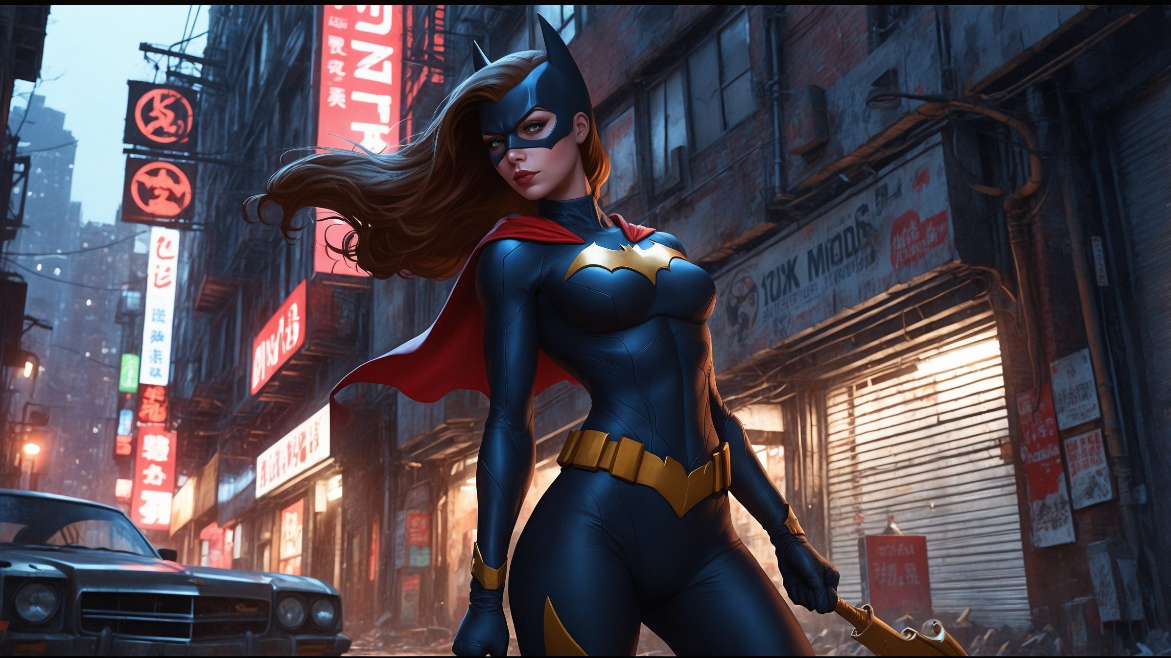 Highly detailed digital illustration of a female superhero, batgirl, walking confidently through a dystopian urban environment. The character is dressed in a dark blue and gold armored suit with a bat emblem on the chest, a red cape flowing behind her, and a cowl with bat ears. She has long, dark hair cascading down her back. The background features tall, dilapidated buildings with neon signs in various languages, and the street is littered with debris and abandoned vehicles. The overall atmosphere is dark and gritty, with a sense of impending action.