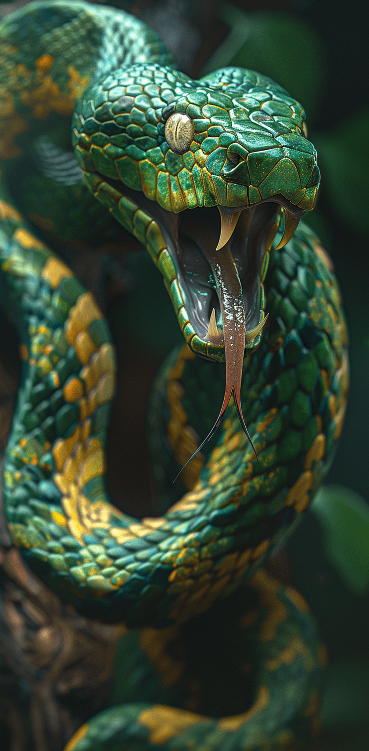 A green and yellow snake with its mouth open, hyper-realistic animal illustrations, detailed character designs, dark background, in the style of a close-up shot, shiny scales, snake tongue, fierce expression, glowing eyes, snake head with a fierce look. --s 250 --v 6. 0 --style raw --ar 23:50