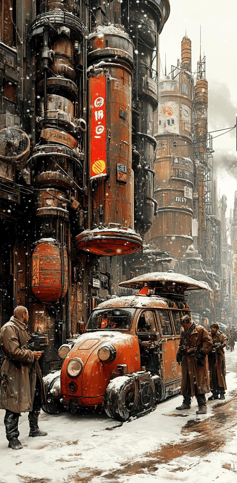 Cyberpunk city in the style of vincent di fate, sci-fi illustration with a detailed and intricate design, aesthetic of industrial machinery set during daylight with a cloudy sky and snow, lighting creates a cinematic and hyper-realistic scene in high resolution --ar 63:128 --personalize 2gwf1qc --stylize 750 --v 6. 1