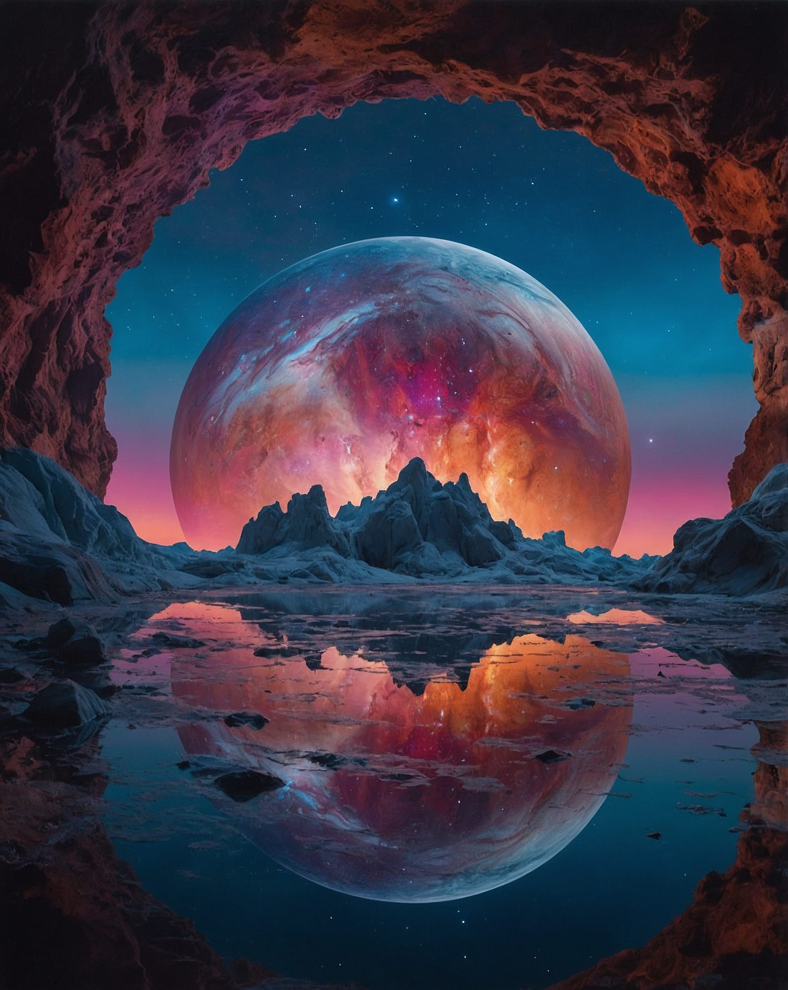 A dazzling, otherworldly portal in the shape of a mirror reveals a galaxy of plush clouds and the distant red planet of mars. The reflection shows a stunning array of colors - purple, white, pink, orange, and blue - mirrored in the waters of an ocean cascading down a majestic waterfall. Surrounded by shimmering neon led lights, this surreal scene practically glows with an ethereal beauty. This intricate and vividly detailed painting transports viewers into a dreamlike realm of cosmic wonder.