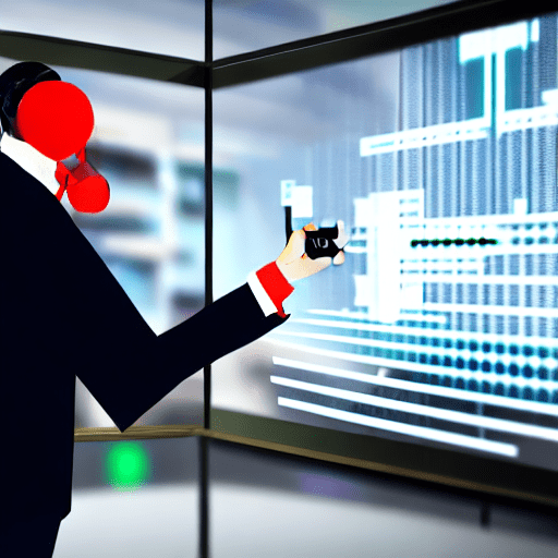 Create a modern gaming image of a company manager at his office in a modern it environment with a man resembling an ai-generated image, dressed in a business suit looking into the camera, - (prompt description under progress )