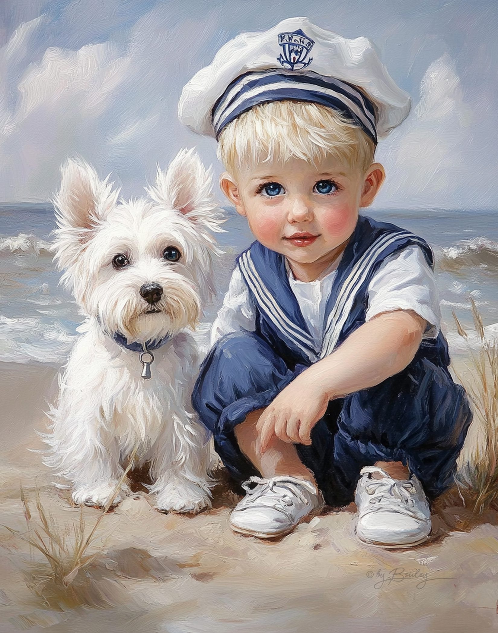 A little boy with big blue eyes wearing nautical outfit and shoes, sitting on the beach next to his west highland white terrier puppy, ears up, in sailor hats --ar 4:5 --personalize 64vlonz --v 6. 1
