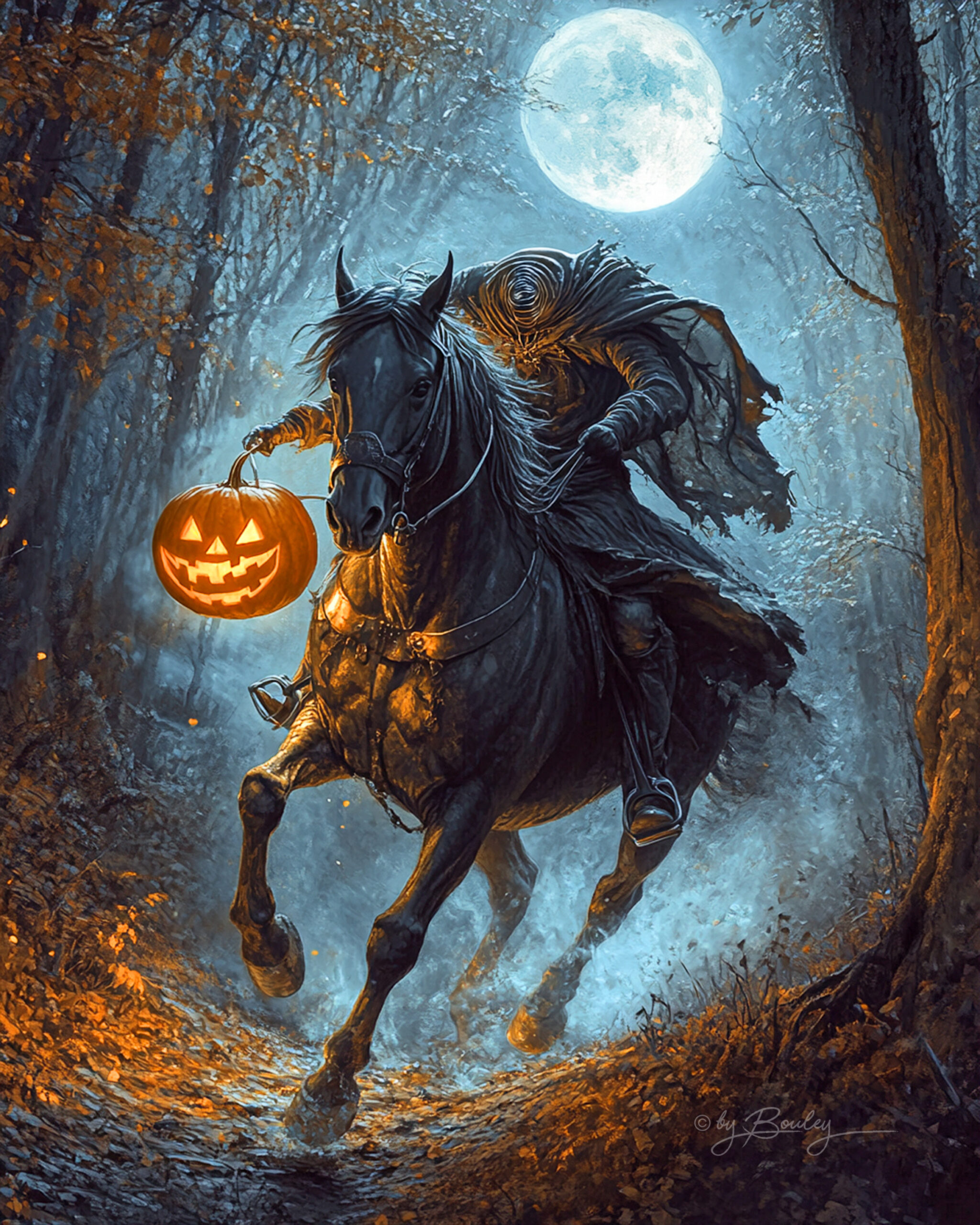 On a halloween night, the headless rider of a black horse, holding a pumpkin in hand, is riding swiftly through the woods. On a moonlit night, the image is photorealistic, detailed, and in a fantasy style. --ar 51:64 --v 6. 1
