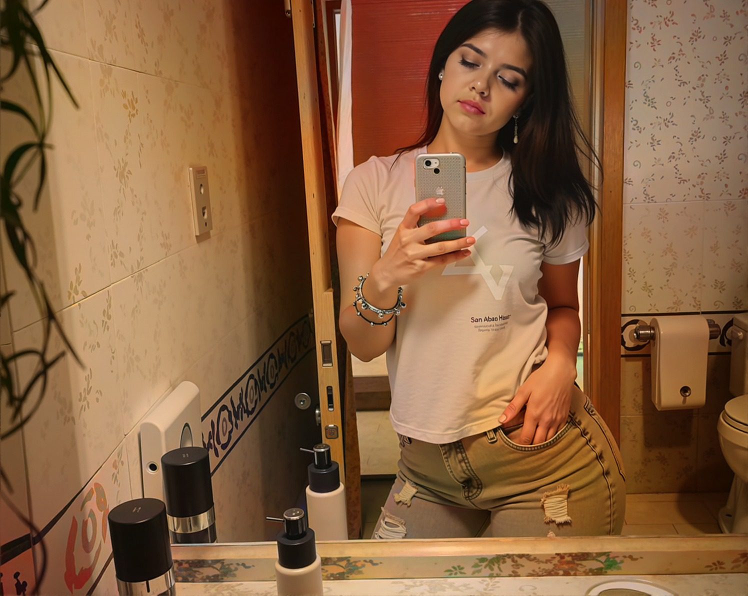 A young girl with long black hair is taking a selfie in her bathroom. She is wearing a yellow t-shirt with the word "happy" printed on it and torn jeans at the crotch. She is holding her smartphone and looking at it intently. The reflection in the mirror shows her solo, standing by the sink. She has a mole under her mouth and is wearing earrings and a bracelet. The bathroom setting includes a visible sink and realistic lighting. The image should be highly detailed and photorealistic, capturing the texture of her denim jeans, the casual fit of her t-shirt, and the natural look of her hair and skin. --ar 16:9 --v 5 --q 2 --style raw --uplight --testp