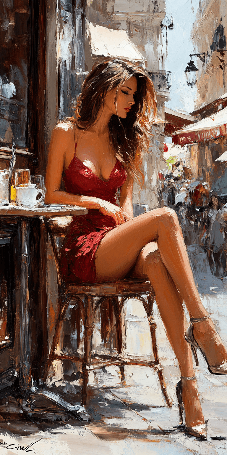 Oil painting on canvas of a beautiful woman in a red dress sitting at a table outside a parisian cafe looking in the distance, legs crossed in an elegant pose, side view of a full body shot, brown hair, wearing high heels on a summer day, in the impressionist style of monet, expressive brushstrokes --ar 1:2 --personalize 2gwf1qc --stylize 750 --v 6. 1